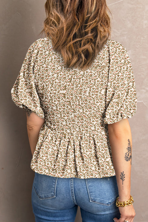 Floral Print Puff Sleeve Smocked Top