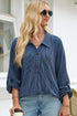 Navy Blue Oversized Twist Ribbed Collared Henley Top with Roll up Sleeve