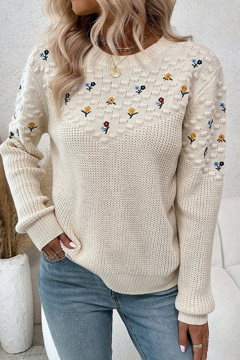 Jet Stream Mixed Texture Knit Flower Embroidered Detail Casual Sweater