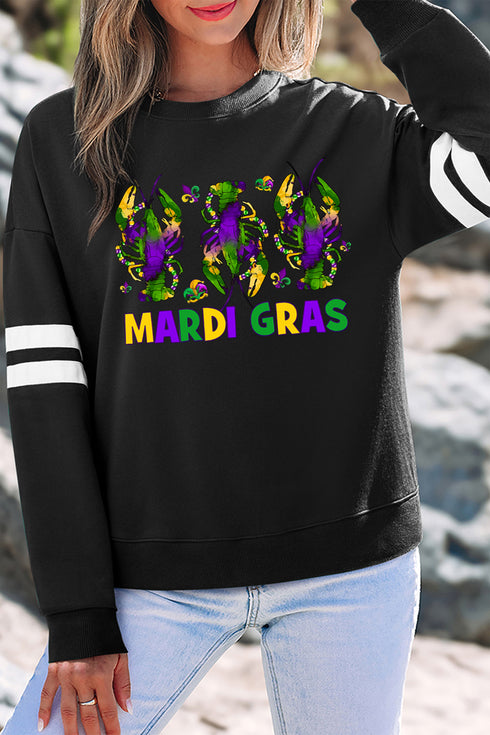 Black MARDI GRAS Crayfish Printed Varsity Striped Drop Shoulder Sweatshirt