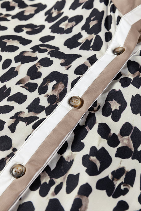 Multicolour Leopard Print Contrast Patchwork Cuffs Button Collared Top