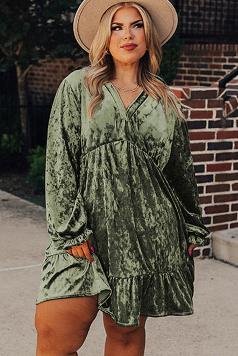 Jungle Green Plus Size Velvet Babydoll Mini Dress with Puff Sleeve