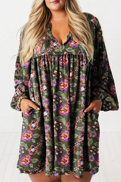 Green Plus Size Floral Print Shirt Collar V Neck Loose Mini Dress