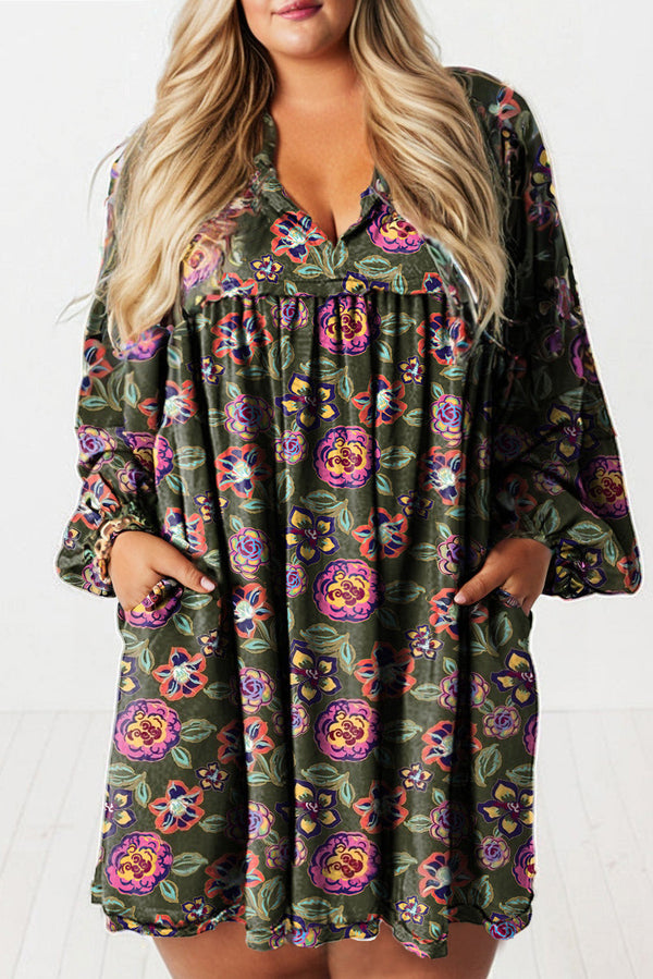 Green Plus Size Floral Print Shirt Collar V Neck Loose Mini Dress