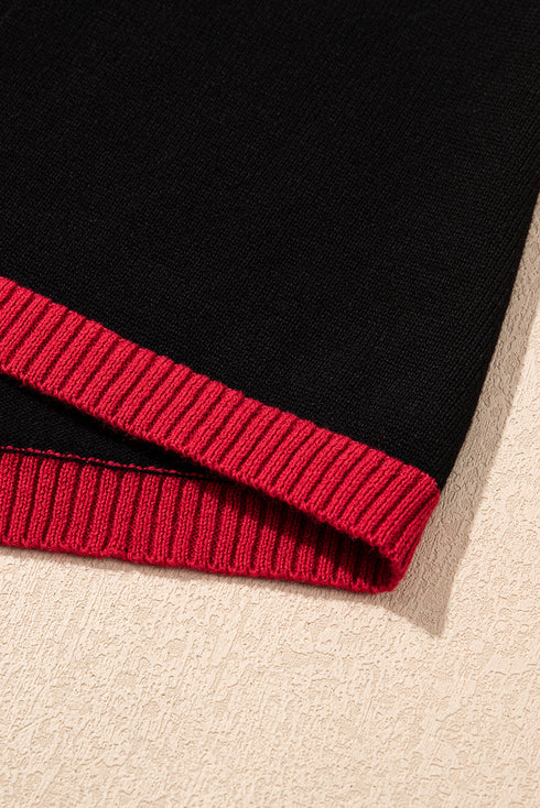 Black white Heart Print Contrast Trim Drop Shoulder Sweater