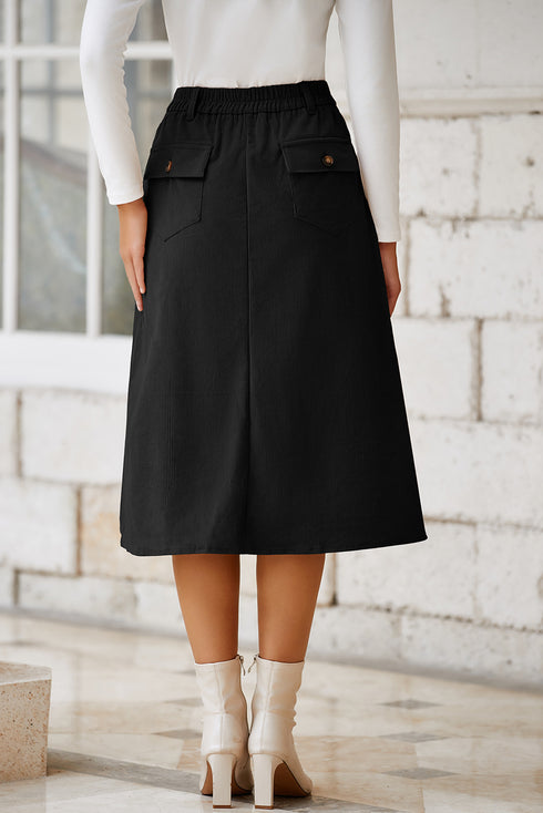 Black Front Slit Shift High Waist Midi Skirt