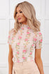 Beige Floral Print Mock Neck Short Sleeve Mesh Top
