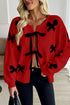 Racing Red Lace-up Bow Pattern Sweater Cardigan