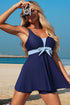 Navy Blue Color Block Patchwork Bow Knot Detail Sleeveless Swim Dress