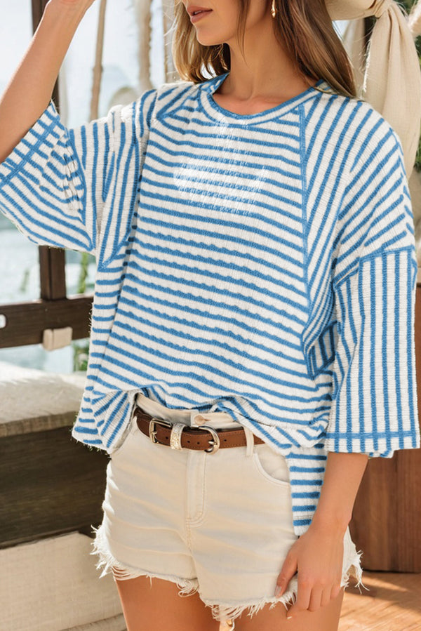 Sky Blue Stripe Textured Knit Split Hem Half Sleeve Loose Top