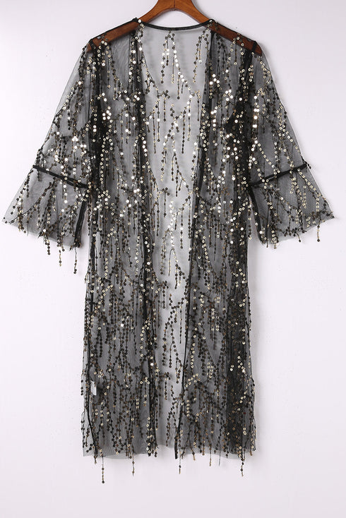 black-sequin-sheer-long-sleeve-open-front-kimono