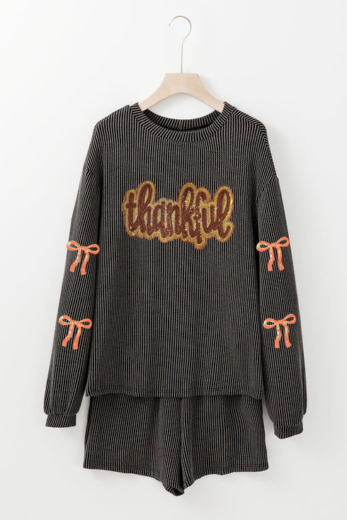 Carbon Grey Thankful Letter Patched Sequin Bow Sleeve Twisted Ribbed Short Set