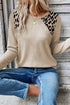 Beige Leopard Print Detail Round Neck Long Sleeve Top