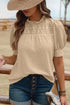 Parchment Textured Knit Eyelet Embroidered Patchwork Ruffled Neck Short Sleeve Blouse