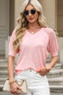 Apricot Pink Solid Color Knit Contrast Hollowed Short Sleeve V Neck Sweater
