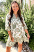 Green Plus Floral Mixed Print Patchwork Tie Split Neck Half Sleeve Loose Mini Dress