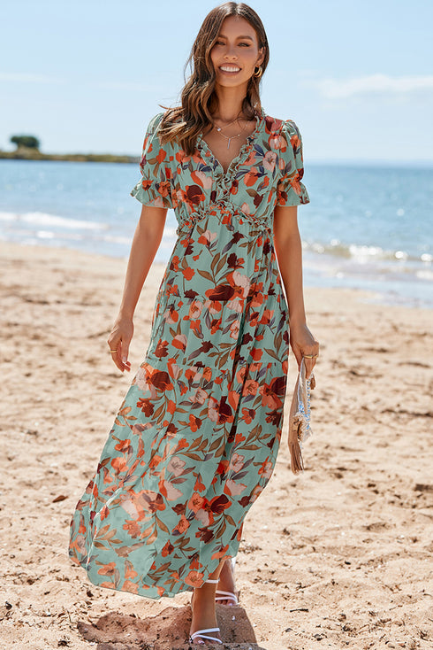 Green Fiery Floral Print Frilled V Neck Short Sleeve Maxi Dress