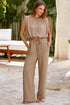Pale Khaki Solid Color Keyhole Puffy Tank Drawstring Loose Pants 2pcs Outfit