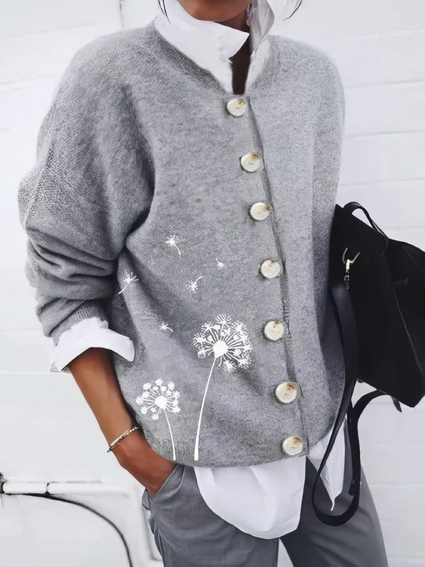 Dandelion Print Button Long Sleeve Cardigan