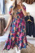 Dark Blue Square Neck Floral Dress with Bubble Sleeves and Ruffled Hem