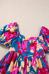 Dark Blue Square Neck Floral Dress with Bubble Sleeves and Ruffled Hem