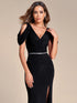 Dazzling Glittery Evening Gown with Cold Shoulder and Puff Sleeves