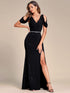 Dazzling Glittery Evening Gown with Cold Shoulder and Puff Sleeves