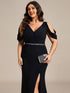 Dazzling Glittery Evening Gown with Cold Shoulder and Puff Sleeves
