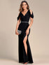 Dazzling Glittery Evening Gown with Cold Shoulder and Puff Sleeves