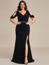 Dazzling Glittery Evening Gown with Cold Shoulder and Puff Sleeves