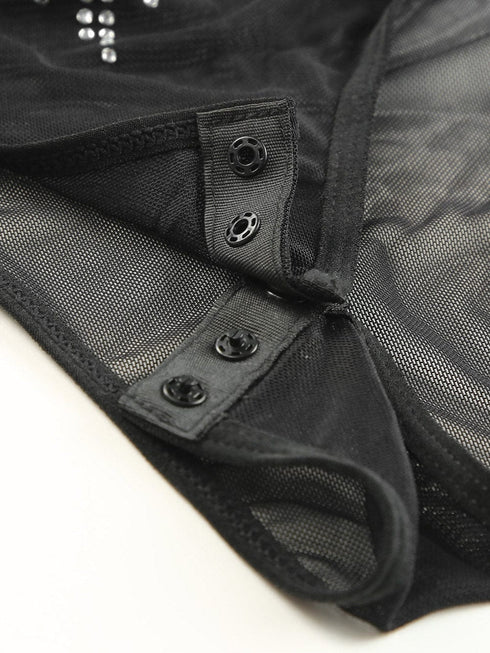 Dazzling Rhinestone Embellished Sheer Mesh Long Sleeve Bodysuit