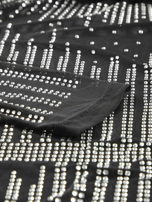 Dazzling Rhinestone Embellished Sheer Mesh Long Sleeve Bodysuit