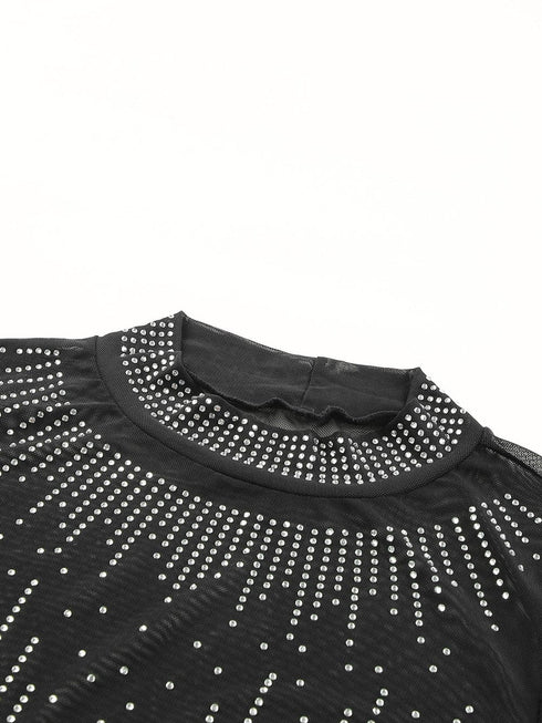 Dazzling Rhinestone Embellished Sheer Mesh Long Sleeve Bodysuit