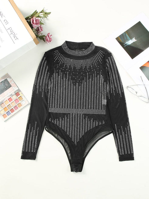Dazzling Rhinestone Embellished Sheer Mesh Long Sleeve Bodysuit