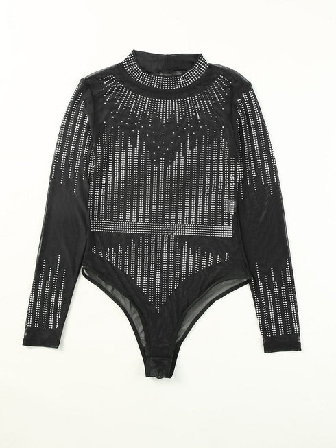 Dazzling Rhinestone Embellished Sheer Mesh Long Sleeve Bodysuit