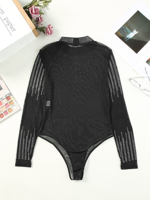 Dazzling Rhinestone Embellished Sheer Mesh Long Sleeve Bodysuit