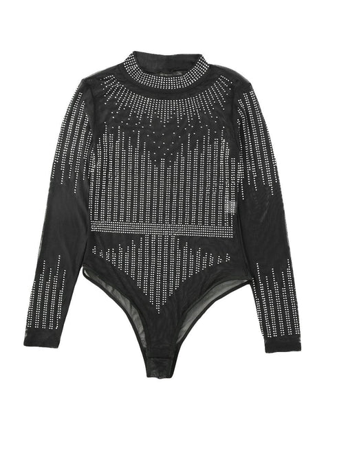 Dazzling Rhinestone Embellished Sheer Mesh Long Sleeve Bodysuit
