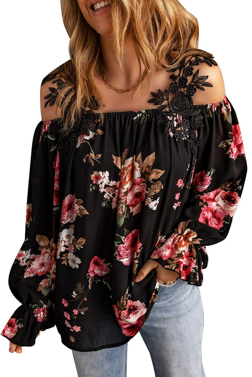 casual-feather-print-off-shoulder-strap-blouse