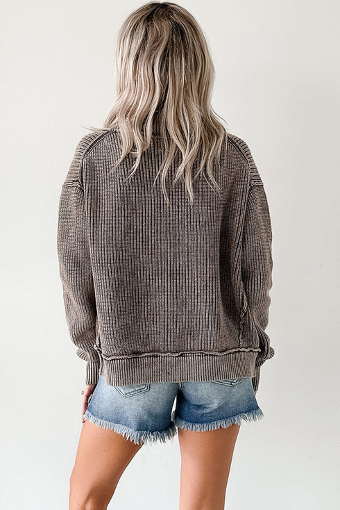 Dark Brown Mineral Wash Exposed Seam Patchwork Knit Open Sweater Cardigan