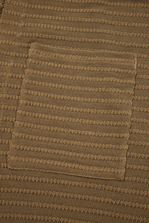 Camel Double Patch Pocket Striped Texture Knit Open Front Duster Cardigan