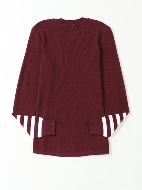 red-striped-sleeve-plain-knit-sweater