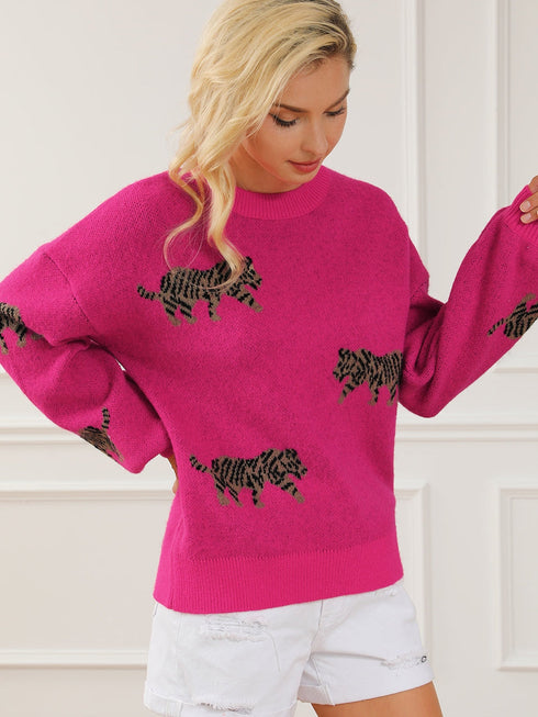 rose-red-fierce-animal-pattern-casual-knitted-sweater