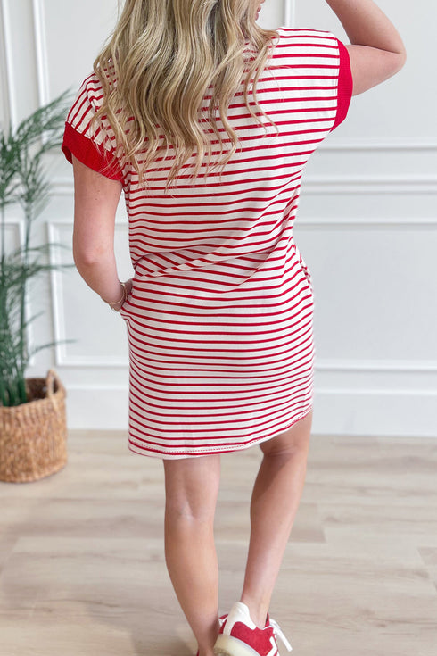 Red Stripe Quarter Zip Polo Collar T Shirt Dress with Pockets
