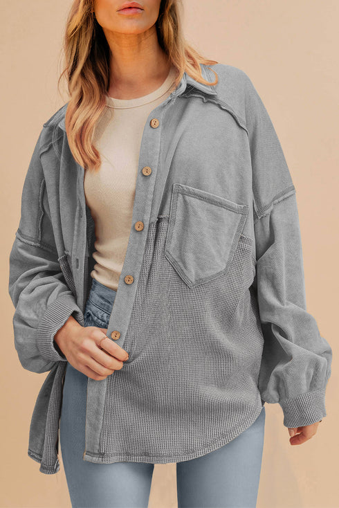 Medium Grey Waffle Knit Patchwork Exposed Seam Loose Shacket