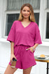 Rose Red Solid Color Waffled V Neck Loose Tee Drawstring Shorts Set