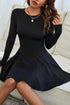 Black Solid Color Long Sleeve Fit-and-flare Mini Dress