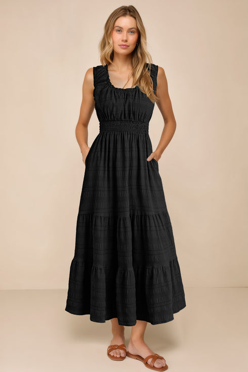 Black Shirred Pleated Square Neck Sleeveless Midi Dress