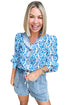 Sky Blue Floral Print Frilled Striped Trim Button Down Smocked Cuffs Long Sleeve Shirt