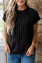 Black Solid Color Round Neck Textured Short Sleeve Sweater