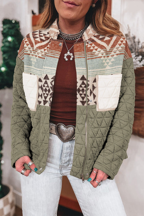 Laurel Green Aztec Quilted Patchwork Western Fashion Jacket